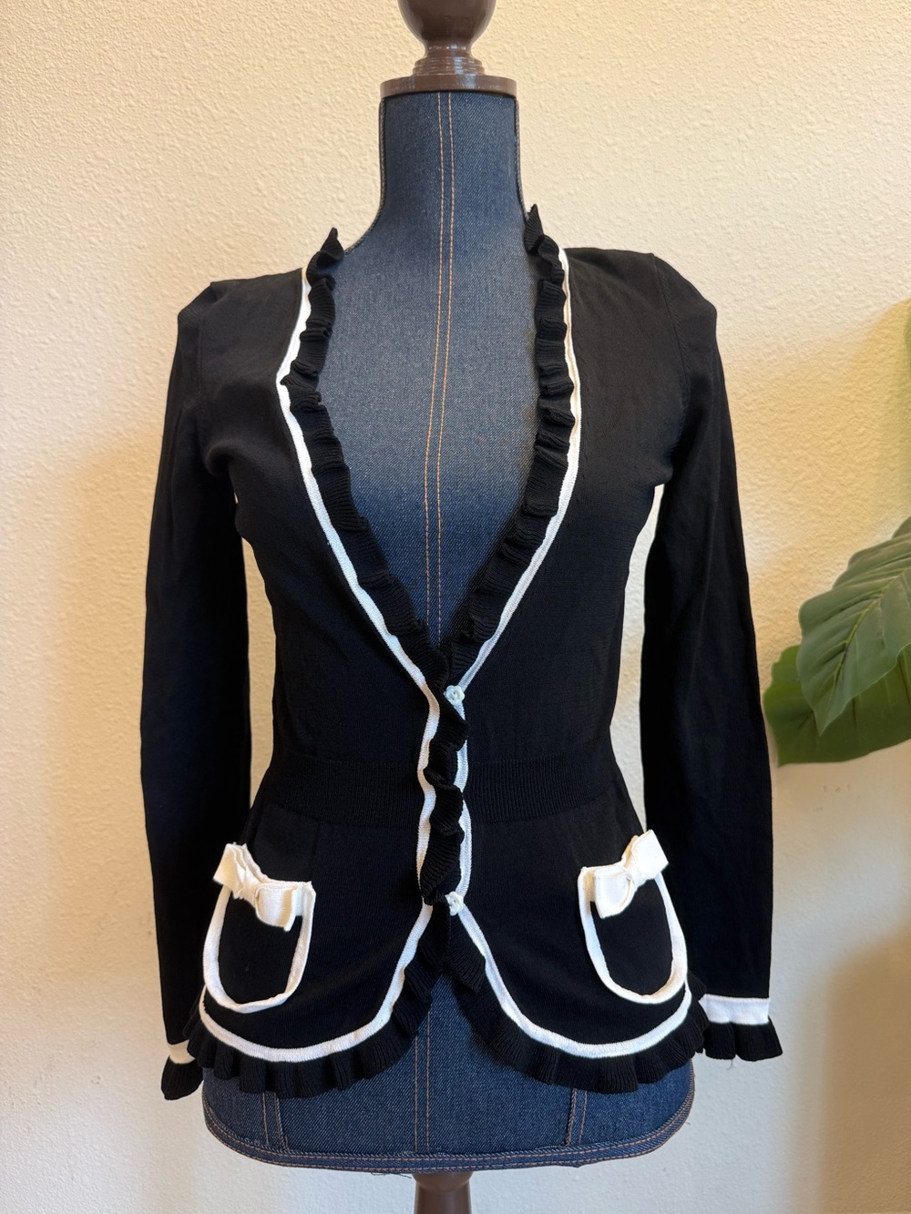 Cache Black White Ruffle Cardigan Sweater Small Y2K Coquette Balletcore